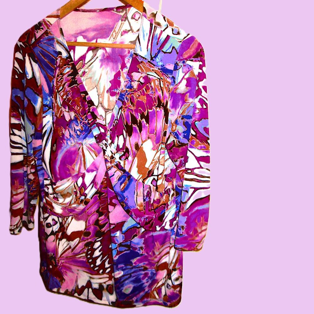 Pullover Multi Violet/Purple Splash Cross Drape Sewn In Sash,Vneck,3/4 SleevesXL